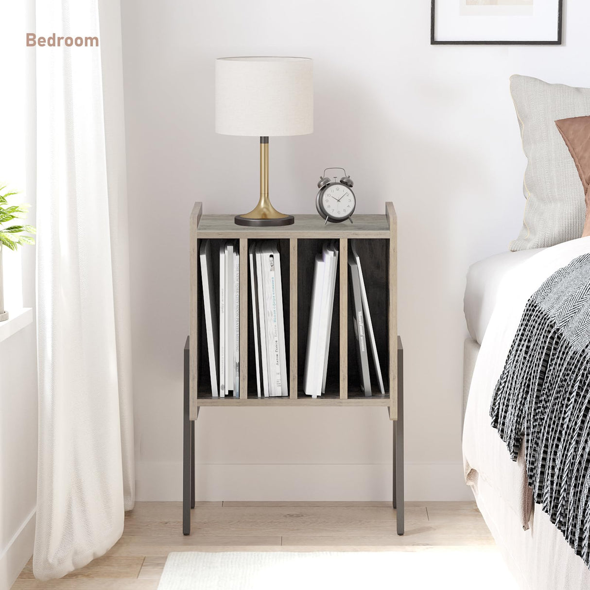 TUTOTAK Record Player Stand, Record Storage Table, End Table with Vinyl Holder Display Shelf, Side Table, Turntable Stand, Nightstand (Greige) TUTOTAK