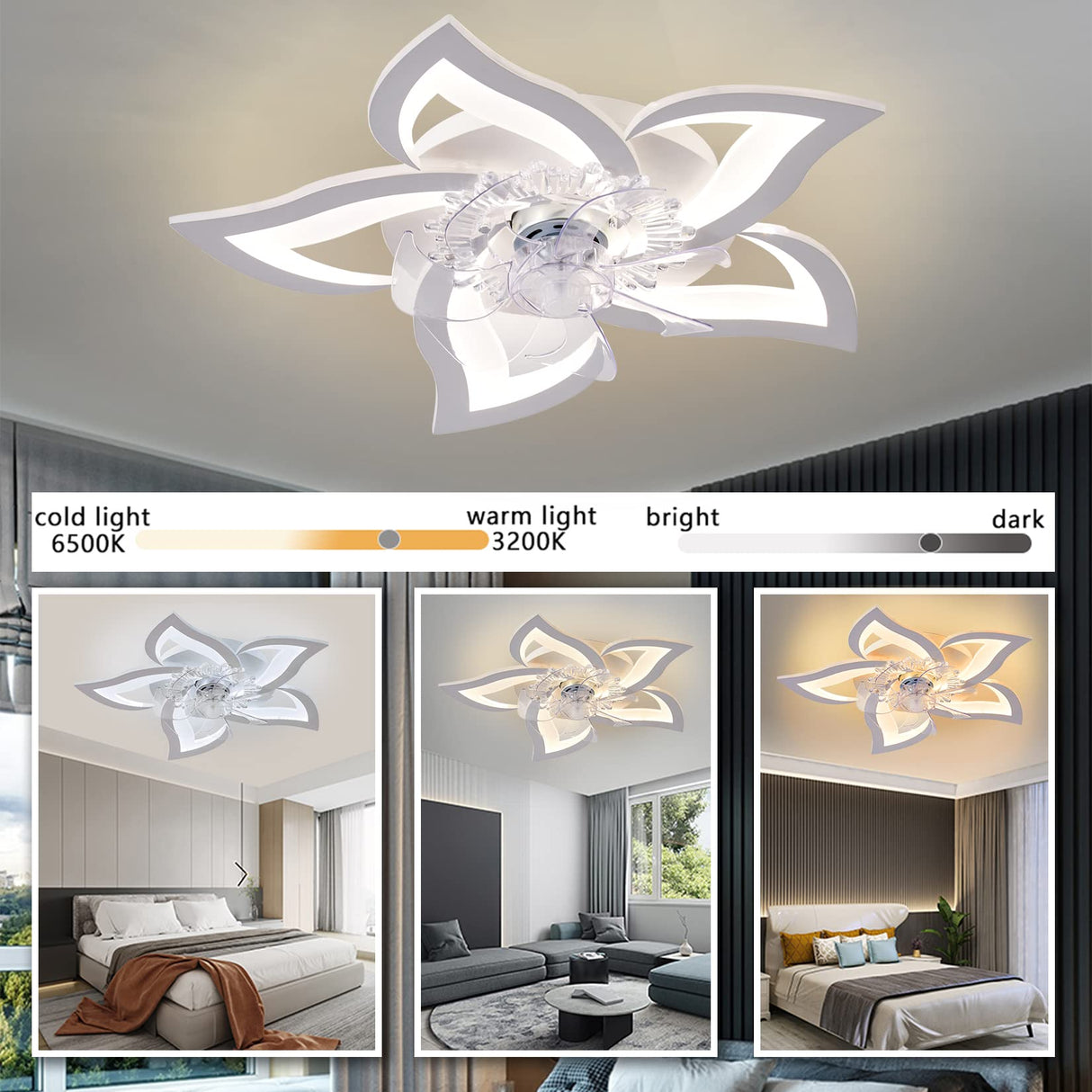 Bevenus Low Profile Ceiling Fan with Lights,110v Modern Dimmable Flower Shape, Remote Control/app Control,Timing 6 Gear Speeds Fan Ceiling Lamp. Bevenus