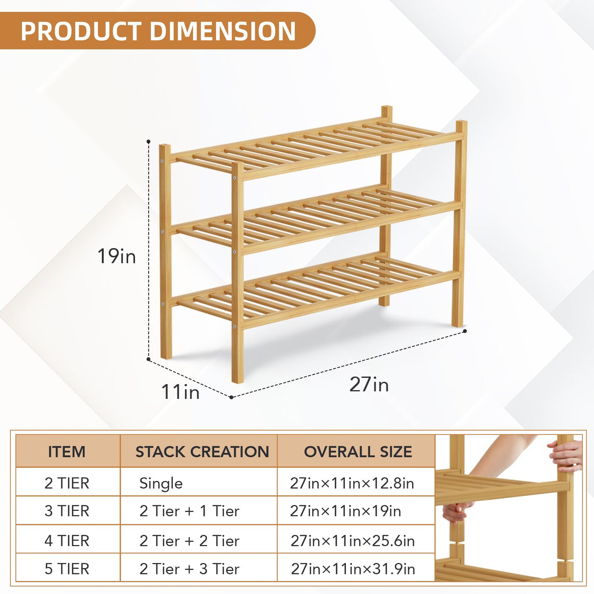 Buymoth 3 Tier Bamboo Shoe Rack Storage Organizer for Closet, Multifunctional Stackable Free Standing Shoe Shelf Organizer for Small Space,Entryway, Hallway, Bathroom 27"x11"x19" (Natural, 3 Tier) Buymoth