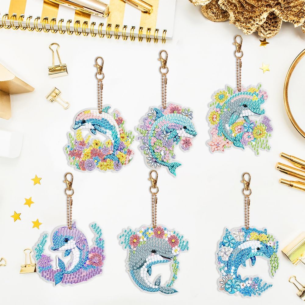 YUE ZHE 6PCS Dolphin Diamond Painting Keychains Dolphin Diamond Art Kits for Adults Double Sided DIY 6D Painting for Adults Beginners DIY Crafts Decor YUE ZHE