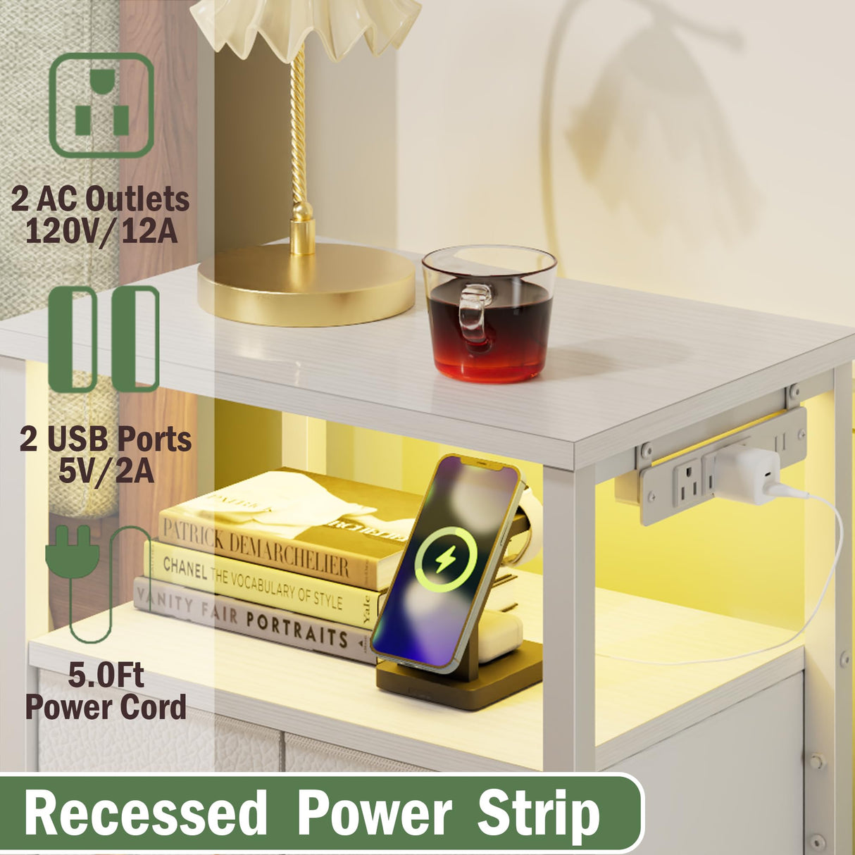 Furnulem 4 Drawer Dresser with Led Light and Charging Station, White Night Stand with Storage Shelf and Fabric & PVC Drawer, 33 Inch Bedside Table, Tall Nightstand for Entryway, Bedroom Furniture Furnulem