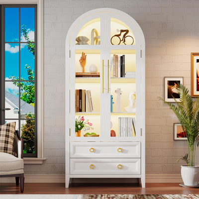 EOAWE Arched Curio Cabinet with Glass Doors, 4-Tier Display Cabinet with 2 Drawers, Tall Bookcase with 3 Color Lights, Display Case, Kitchen Pantry (White)
