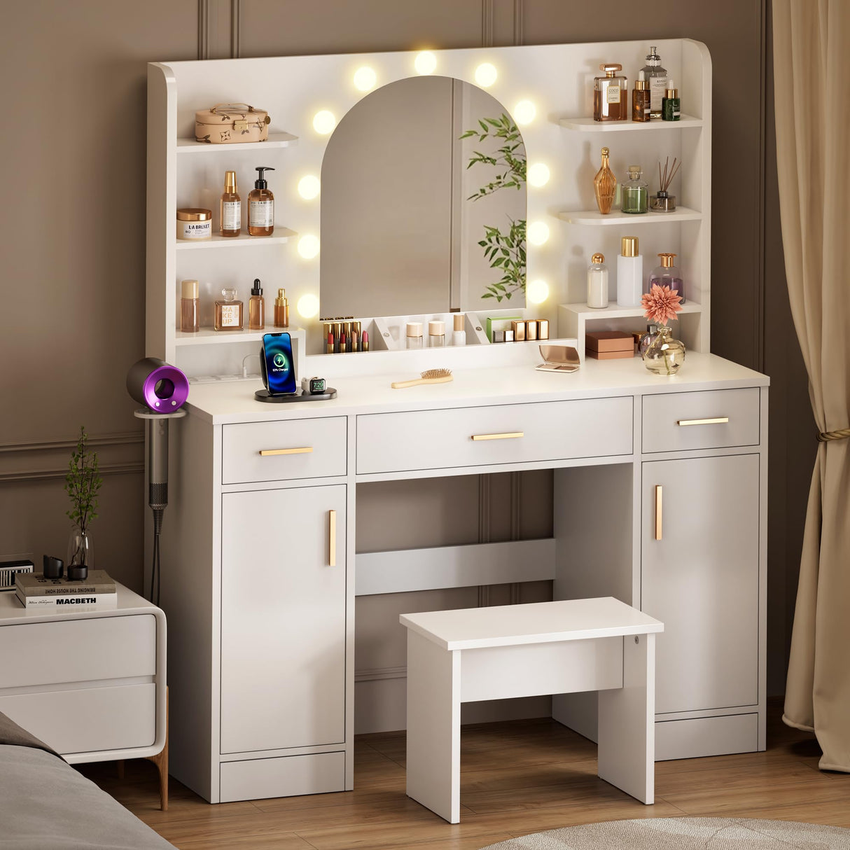 Vanity Desk with Mirror and 11 LED Lights, 43'' Makeup Vanity Table with Power Outlet & Chair, Dressing Table with 3 Drawers, 2 Cabinets and 6 Open Shelfs for Bedroom, White Decofy