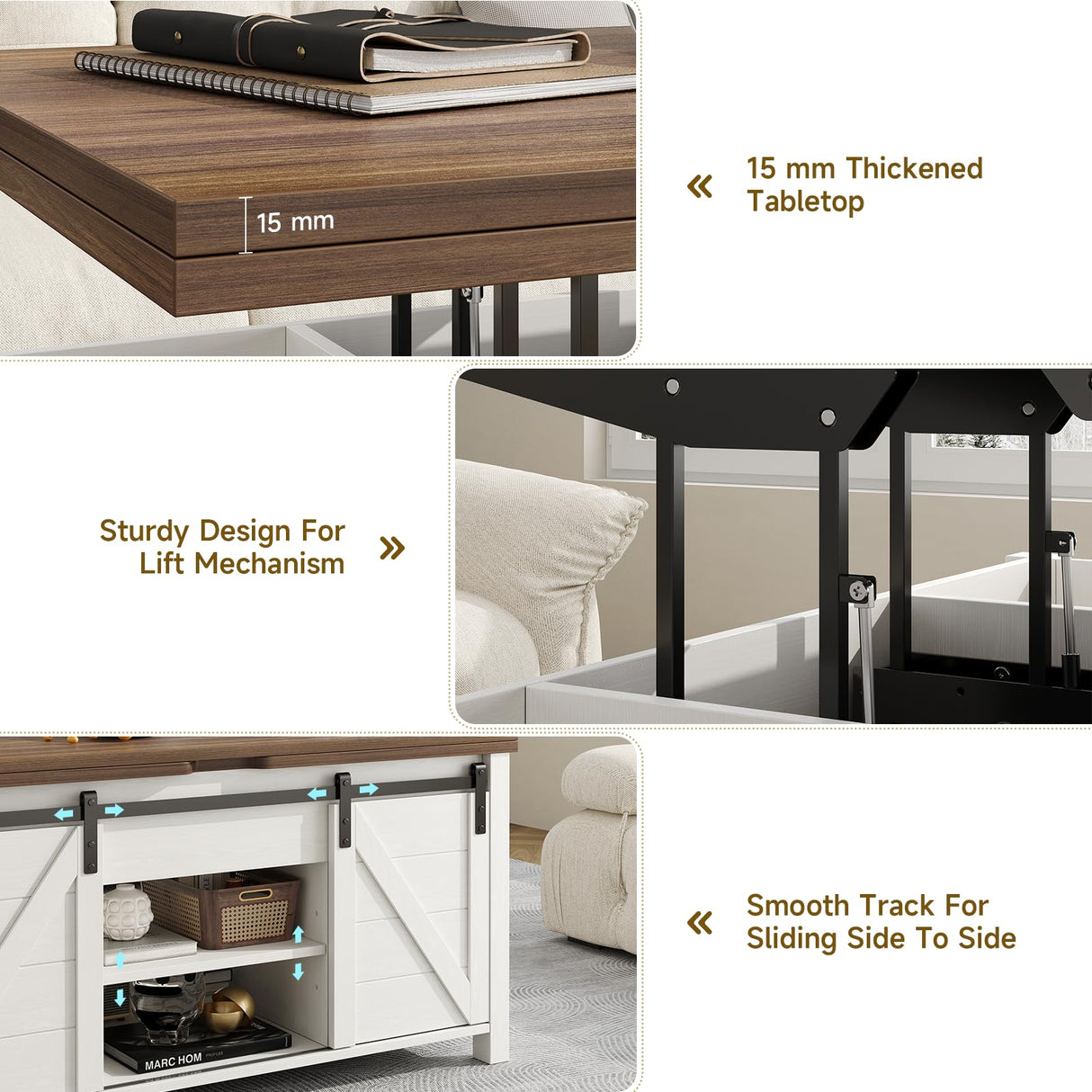 ONBRILL Farmhouse Lift Top Coffee Table with Sliding Barn Door,Rustic Center Table with Hidden Storage Compartment,Storage Coffee Table Converts to Dining Table for Living Room,Office,White and Brown ONBRILL