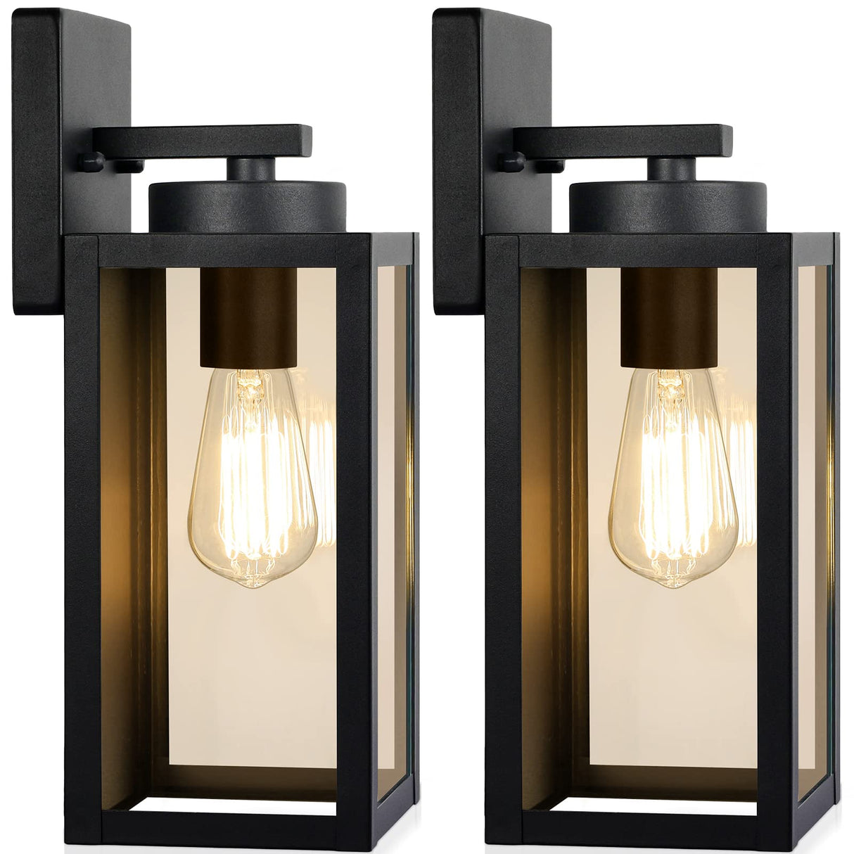 Outdoor Wall Light Fixtures, Exterior Waterproof Wall Lanterns, Porch Sconces Lighting with E26 Sockets & Glass Shades, Modern Matte Black Outside Lights for Patio Front Door Entryway Garage, 2-Pack BesLowe