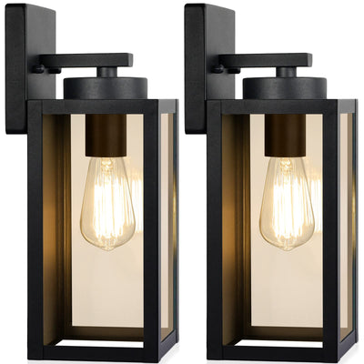 Outdoor Wall Light Fixtures, Exterior Waterproof Wall Lanterns, Porch Sconces Lighting with E26 Sockets & Glass Shades, Modern Matte Black Outside Lights for Patio Front Door Entryway Garage, 2-Pack