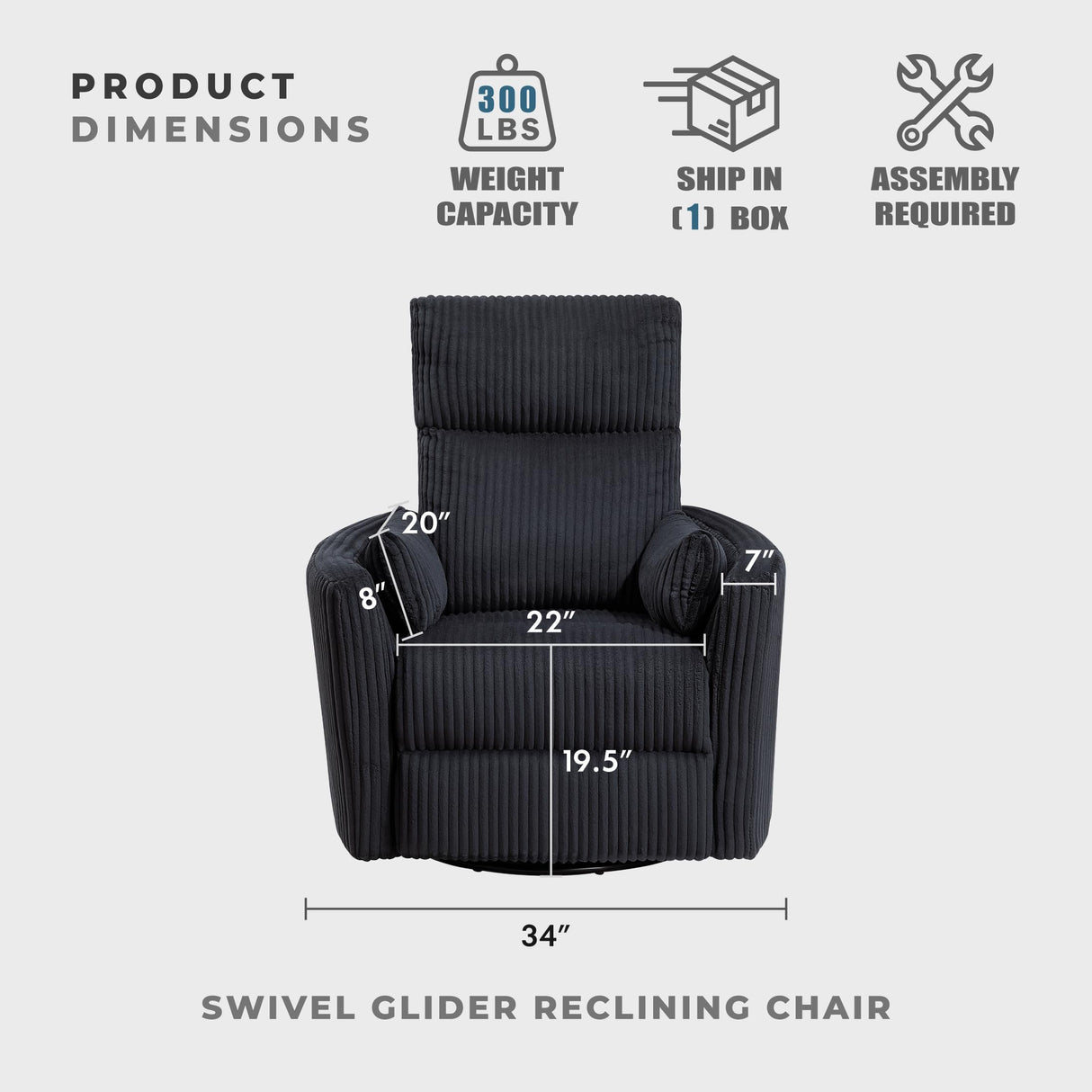 Lexicon Modern Swivel Glider Recliner Chair, Nursery Glider, Corduroy Fabric Upholstery Recliner with 2 Lumbar Pillows, Manual Reclining Sofa Chair for Living Room/Office/Apartment, Black Lexicon
