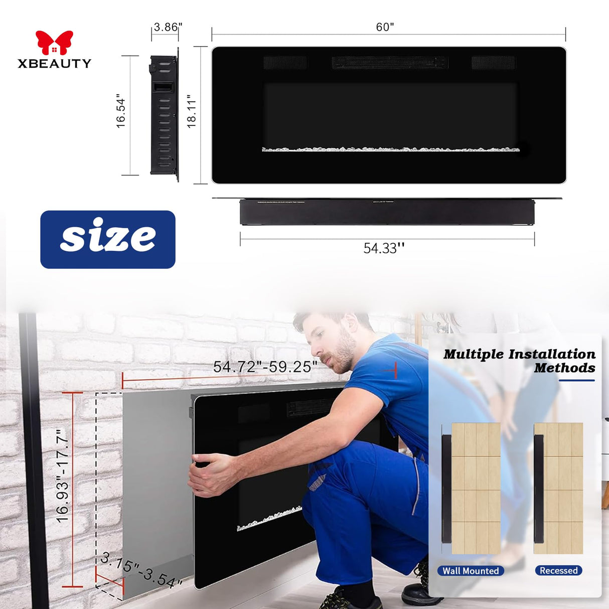 60" Electric Fireplace in-Wall Recessed and Wall Mounted 1500W Fireplace Heater and Linear Fireplace with Timer/Multicolor Flames/Touch Screen/Remote Control Xbeauty