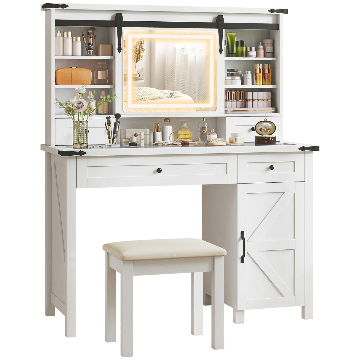 HOMCOM Farmhouse Vanity Desk with Mirror, Rustic Makeup Vanity Table with LED Lights, Cushioned Stool, 42 Inch Glass Tabletop, Drawers & Shelves & Cabinet, Dressing Table Set for Bedroom, White HOMCOM