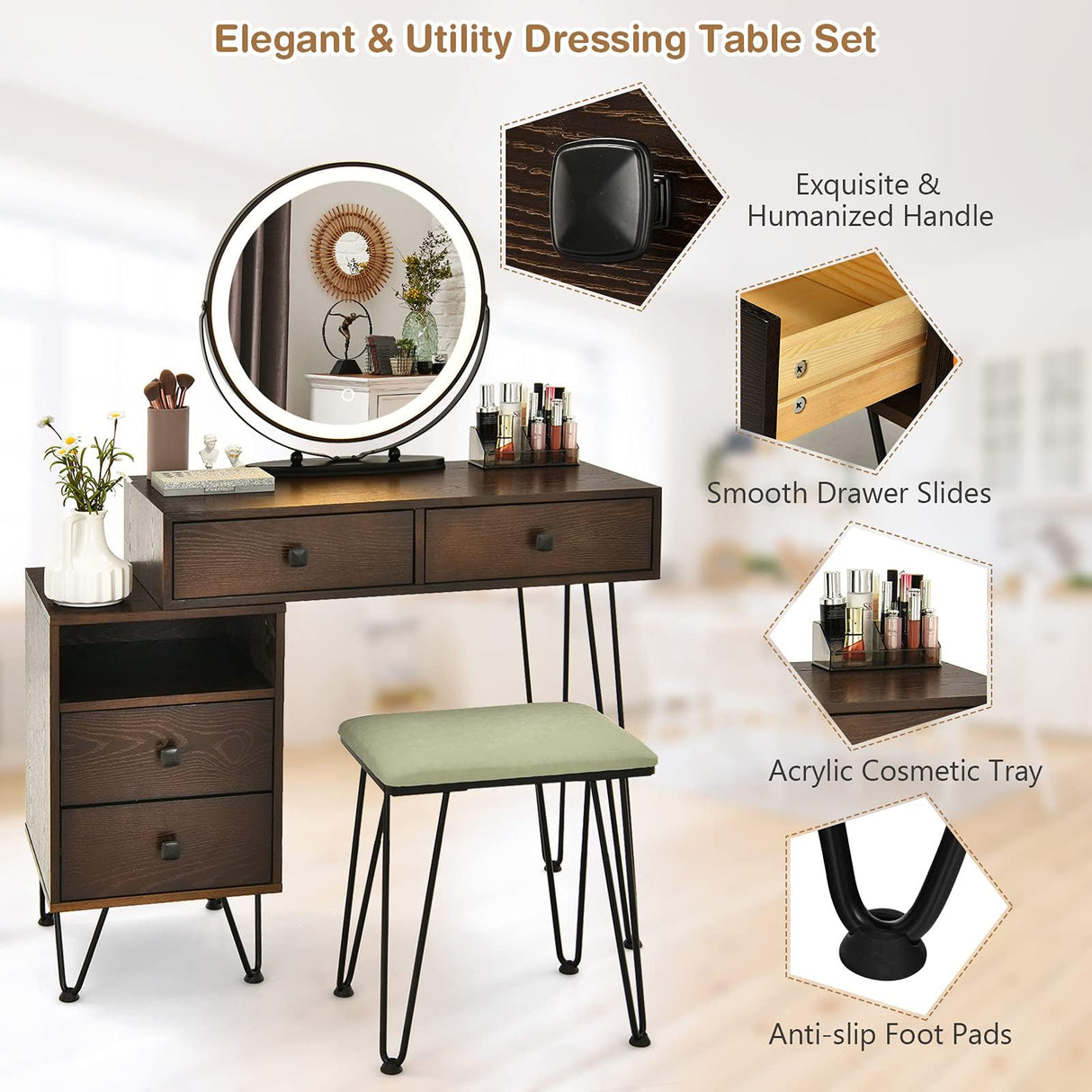 Byroce Vanity Desk w/Lights & Mirror, Makeup Vanity Set w/ 4 Large Drawers & Jewelries Organizer, 3 Color Light Options, Industrial Dressing Table & Stool (Espresso) WoodArtSupply