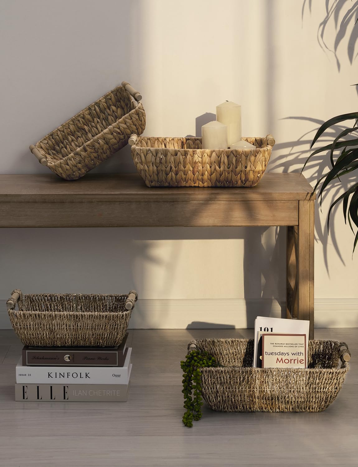 StorageWorks Hand-Woven Large Storage Baskets with Wooden Handles, Water Hyacinth Wicker Baskets for Organizing, 2-Pack StorageWorks