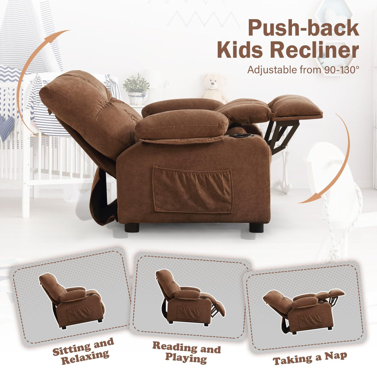 BOSMILLER Kids Recliner Chair, Push Back Toddler Recliner with Cup Holders & Side Pockets, Adjustable Footrest & Headrest Kids Sofa for Boys Girls 3+ Age Group (Deep Brown) BOSMILLER