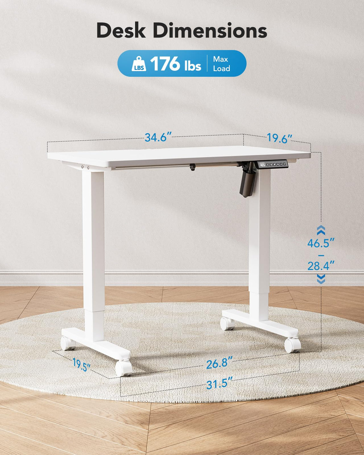 HUANUO Electric Small Standing Desk, 35" x 20" Whole Piece Desktop, Adjustable Height Computer Desk, 4 Height Memory Settings, Sit Stand Up Desk for Home Office, White HUANUO