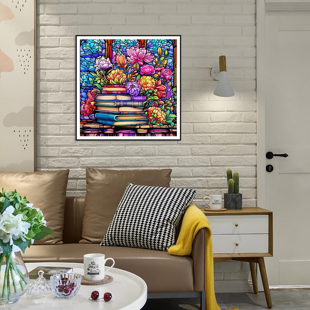 Stalente Diamond Painting Kits for Adults, 5D DIY Diamond Art Kits for Beginners Round Full Drill Diamond Painting for Home Wall Decoration Gift 12×12inch, Stained Glass Book Flower Stalente