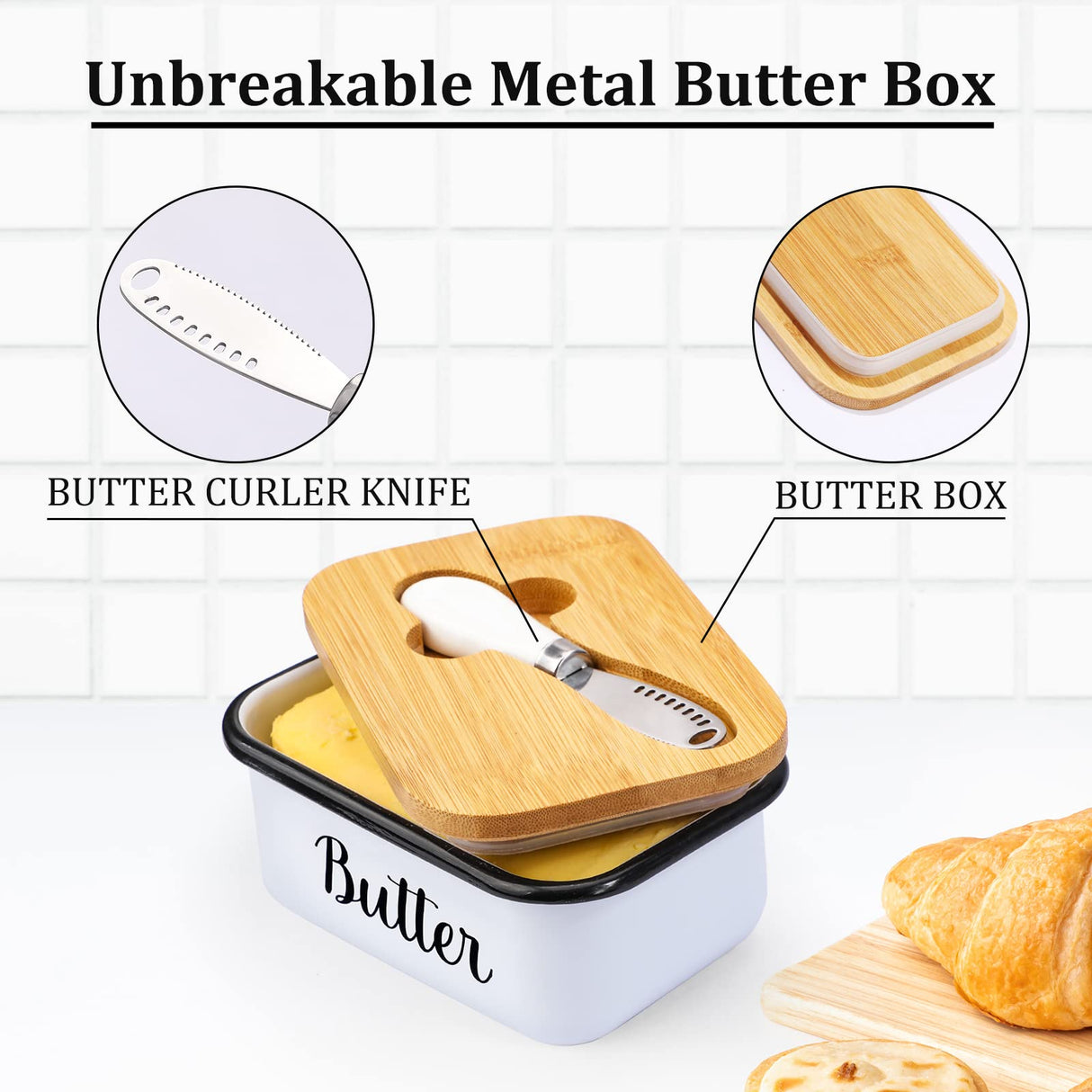 LANDNEOO Butter Dish with Lid and Butter Curler Knife - Unbreakable Stainless Steel Keeper Container with Double Silicone Sealing, for Kitchen Farmhouse Decor LANDNEOO