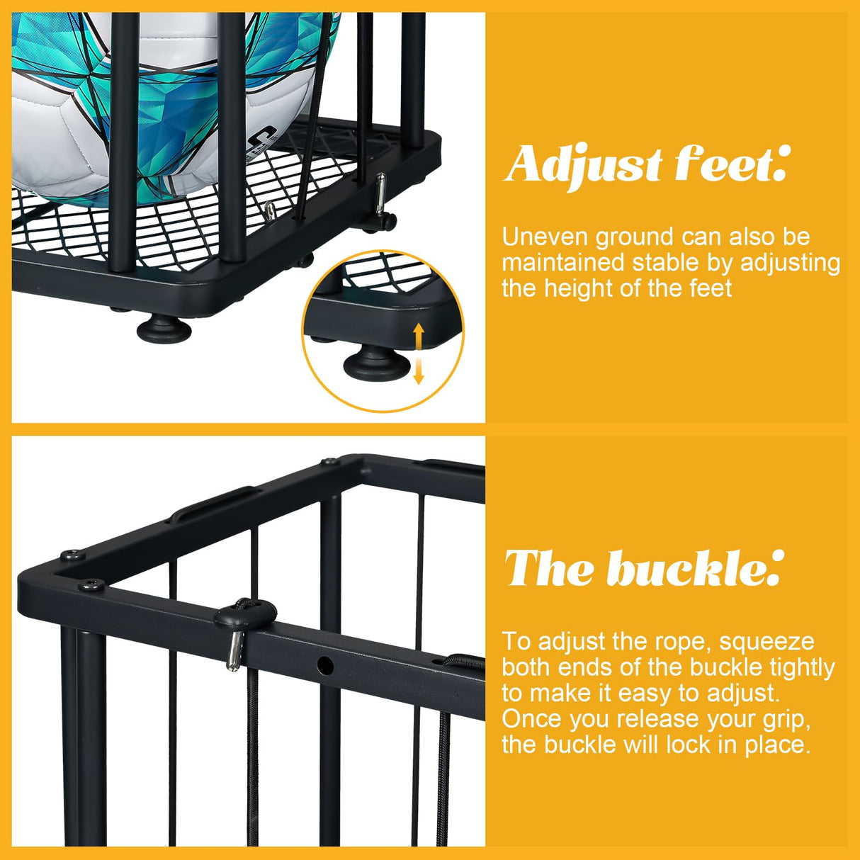 Garage Ball Storage Wall-Mounted & Floor Sports Equipment Organizer: Sports Ball Rack with Elastic Rope, Holder for Basketball, Soccer, Volleyball, Football, Garage, Gym, Black(Patent Pending) Hencawima