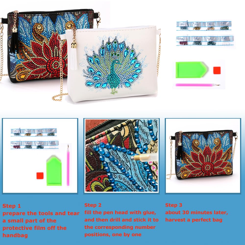2 Pcs Diamond Painting Crossbody Bag, DIY 5D Diamond Painting Handbag Kit with Chain and Tassel, Bling Rhinestone Makeup Shoulder Bag for Woman, DIY Craft Gift, Peacock JBTM24