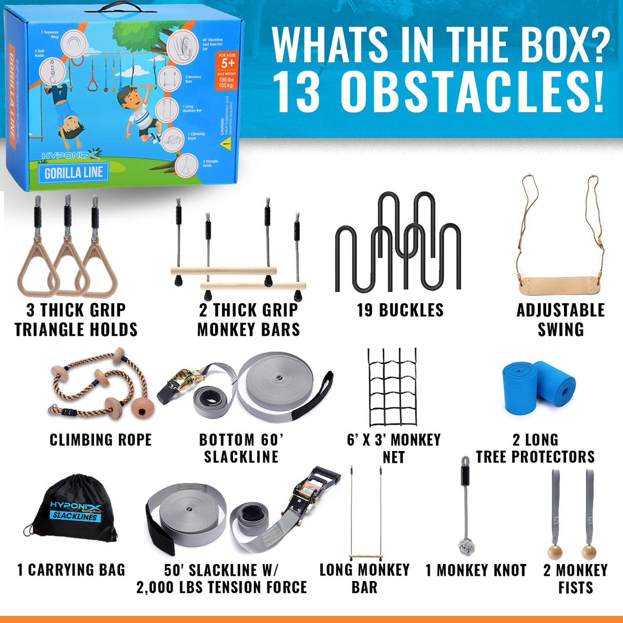 Ninja Warrior Obstacle Course for Kids – 2 x 60 ft, 880 lbs Capacity, 13 Weatherproof Obstacles, Bottom Line, Traverse Rings, Monkey Net – Easy Setup on Trees or Posts for Outdoor Fun Hyponix Sporting