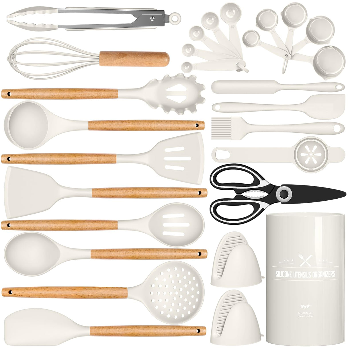 Silicone Cooking Kitchen Utensils Set, AIKKIL 28PCS White Cooking Utensils Set with Wooden Handles, Tongs, Spatula, Pasta Server, Kitchen Gadgets Tools Set For Non-Stick Cookware(BPA Free) AIKKIL