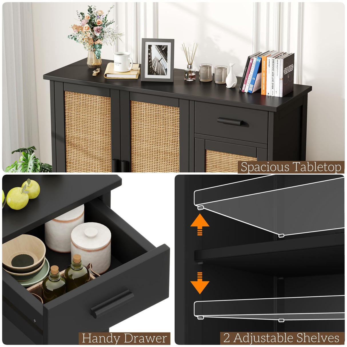 Irontar Kitchen Storage Cabinet, Sideboard Buffet Cabinet with Rattan Doors, Farmhouse Console Table with Drawer, Coffee Bar, Accent Table for Kitchen, Living Room, Hallway, Black and Natural CWG010BM Irontar