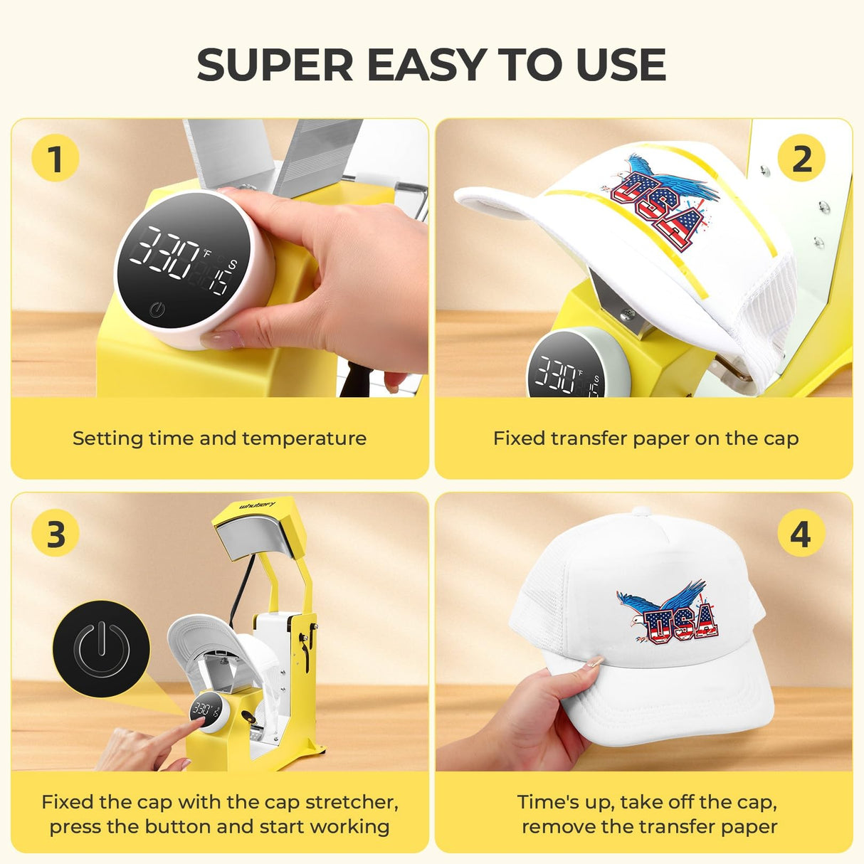 Auto Hat Heat Press Machine for Caps w/3pcs Curved Teflon-Coated Interchangeable Platens, Automatic Press & Release, One-Touch Heat Transfer Printing for Caps HTV Iron On and Sublimation Projects Whubefy