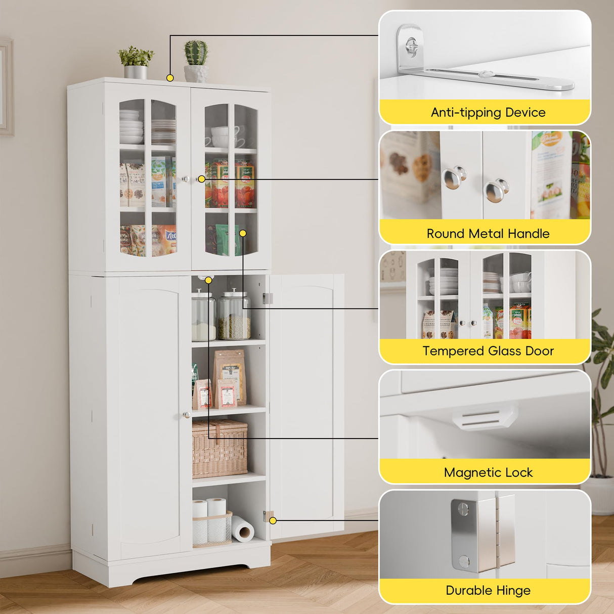 TOLEAD 64" Pantry Cabinet, Tall Storage Cabinet With Glass Doors & Adjustable Shelves for Kitchen, Living Room, Dining Room, White TOLEAD