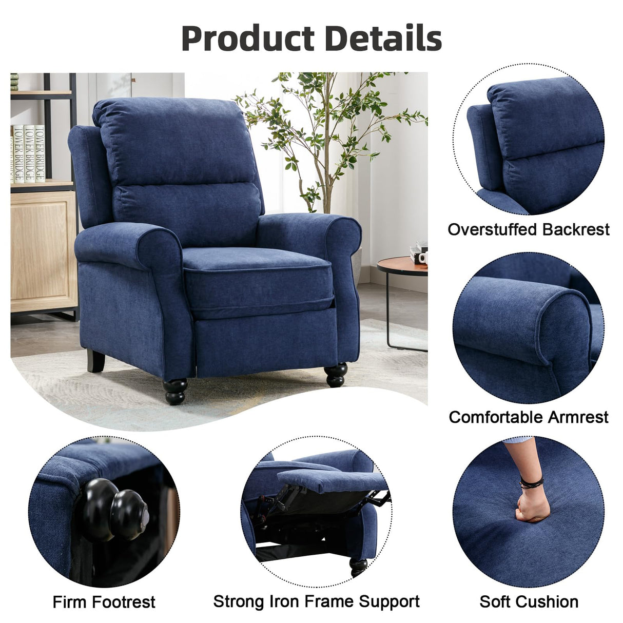 IOMOR Push Back Recliner Chair, Fabric Armchair Overstuffed Pushback Recliner, Heavy Duty Single Sofa Chair with Padded Seat Solid Wood Legs for Living Room (Blue) IOMOR