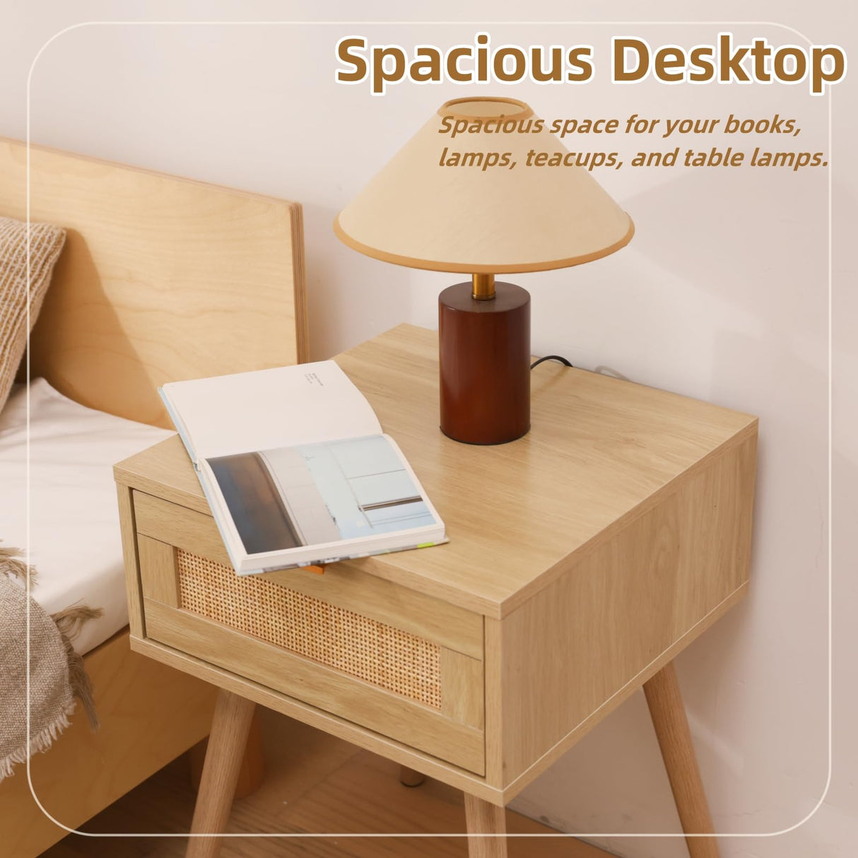 FUQARHY Rattan Nightstand Set of 2, Boho Side Table with Drawer, Mid Century Modern, End Table with Wood Legs for Bedroom, Dorm and Small Spaces FUQARHY