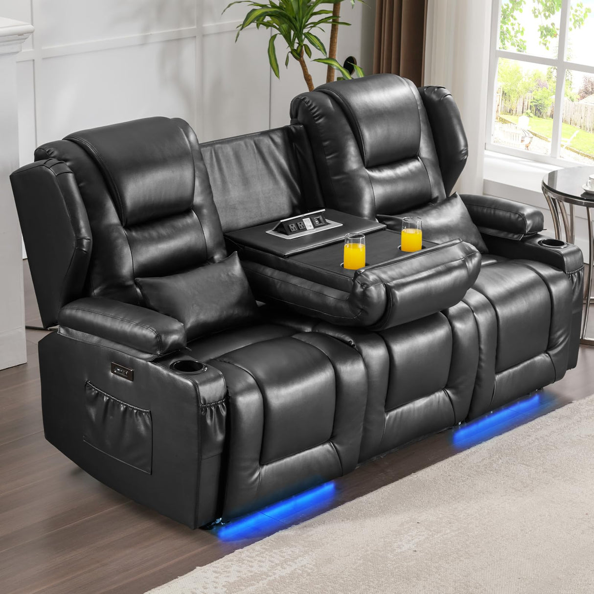 SAMERY Power Loveseat Recliner Sofa with Adjustable Split Back, Multi-Port Charger, Flip-Up Backrest & LED Lighting - Home Theater Seating with Storage, Cup Holders, Black Faux Leather Loveseat SAMERY
