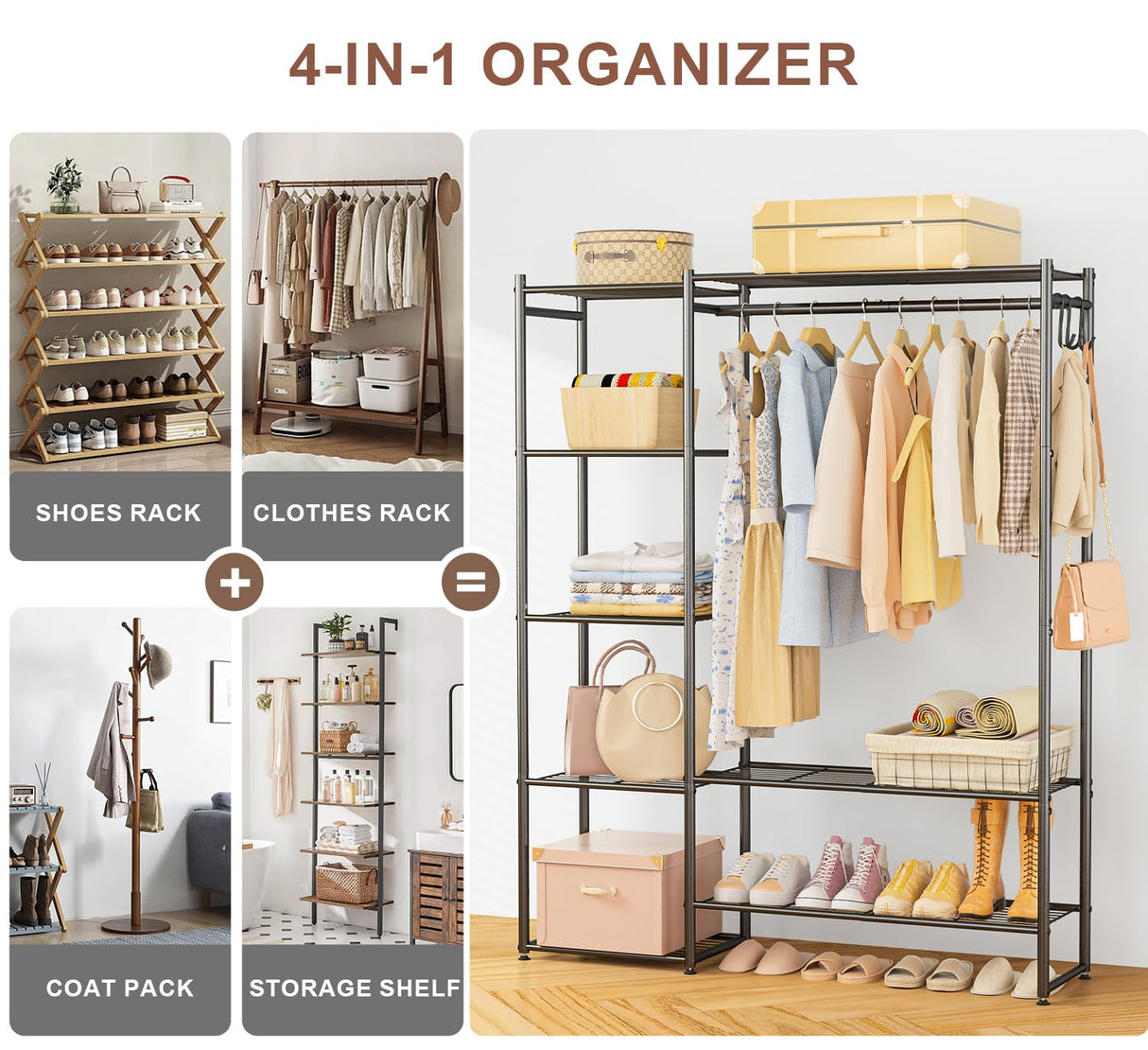 Wardrobe Closet, Portable Clothing Rack for Hanging Clothes, Free Standing Closet Organizers and Storage System with 4 Tiers Shelves for Cloakroom Bedroom, Black Neprock