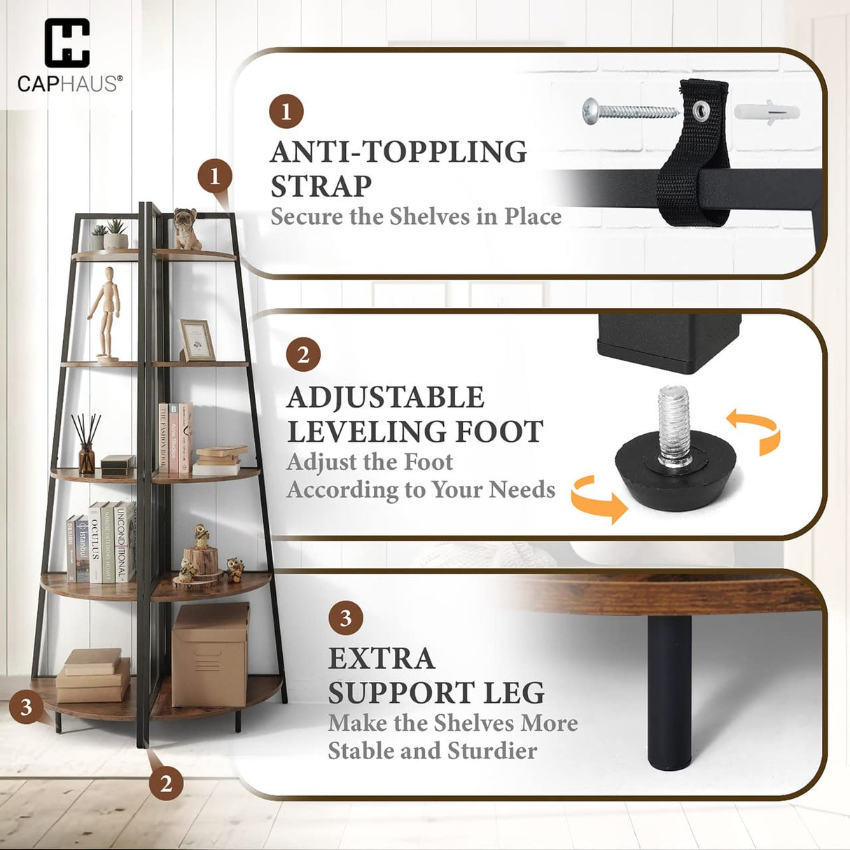 CAPHAUS Rustic Oak Tall Corner Shelf Stand - 5-Tier Versatile Display Unit with Metal Frame CAPHAUS