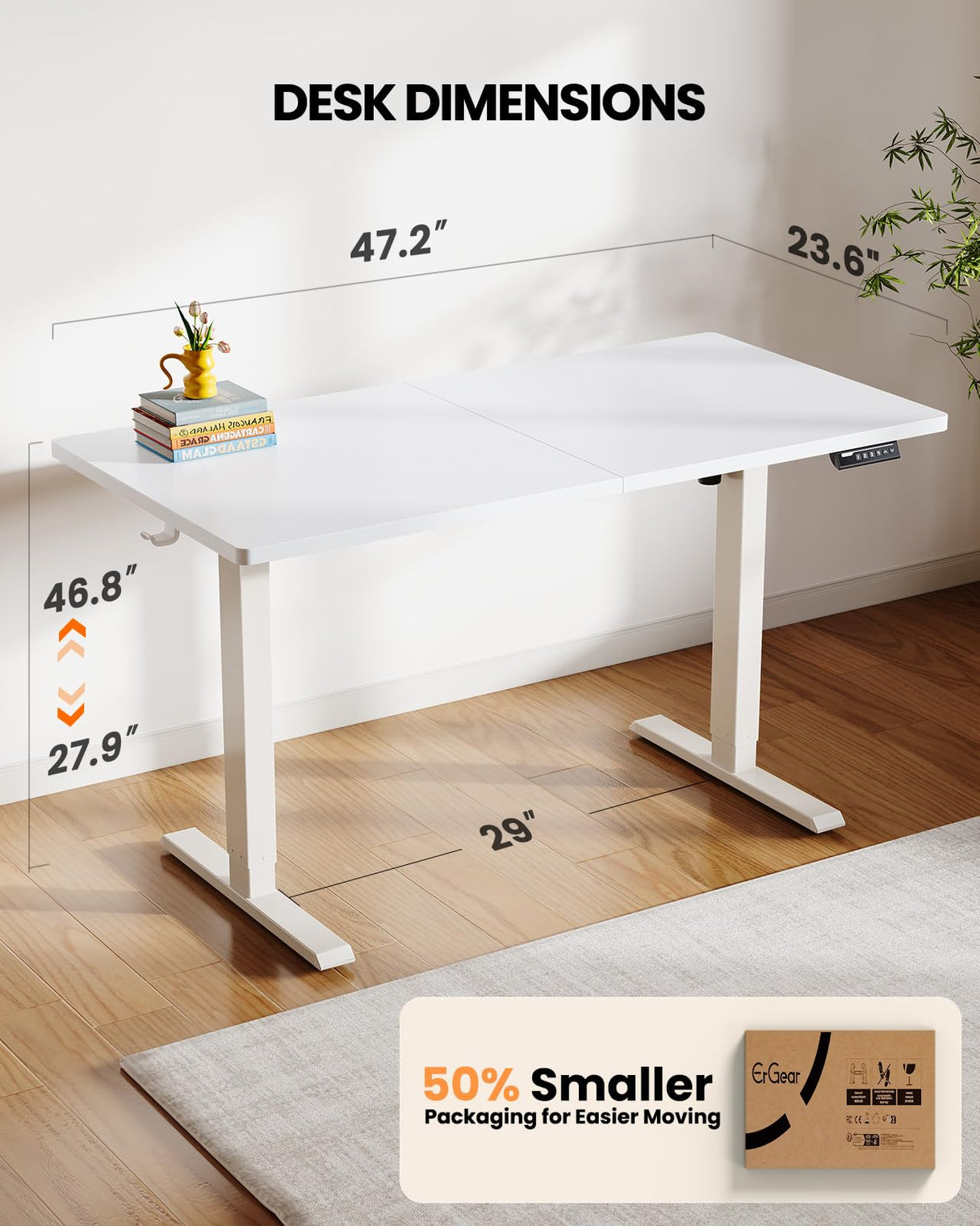 ErGear Electric Standing Desk, 48 x 24 inch Height Adjustable Sit Stand Up Desk, Computer Home Office Desk with 4 Memory Height Buttons, Two Pieces Desktop, White, EGESD110W ErGear