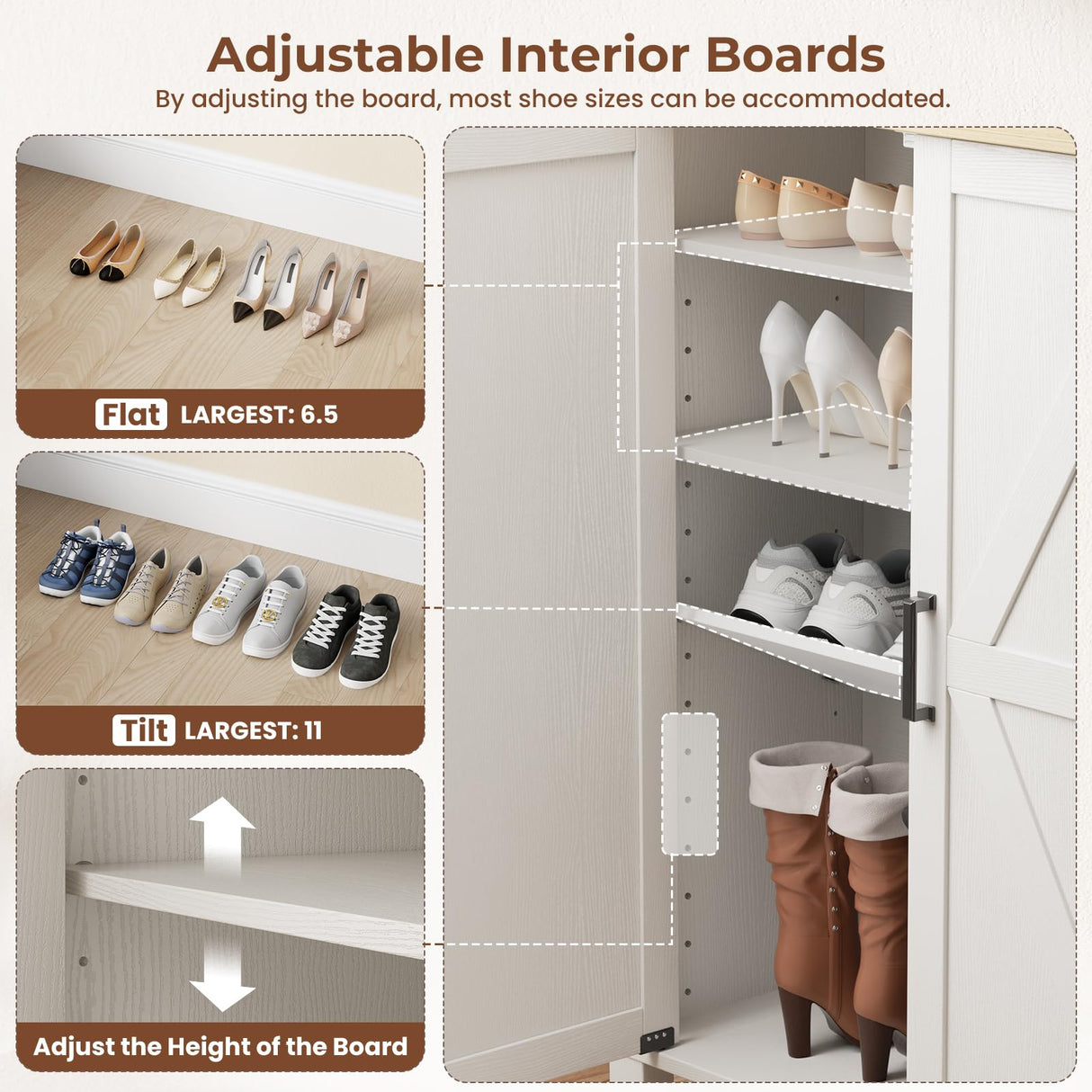 5-Tier Shoe Storage Cabinet, Farmhouse Shoe Rack Organizer Cabinet with 4 Adjustable Shelves & Side Cabinets, Freestanding Shoe Cabinet Storage with Anti-tip Fitting for Entryway, 46.1L×13.7W×40.6H ALLSTAND