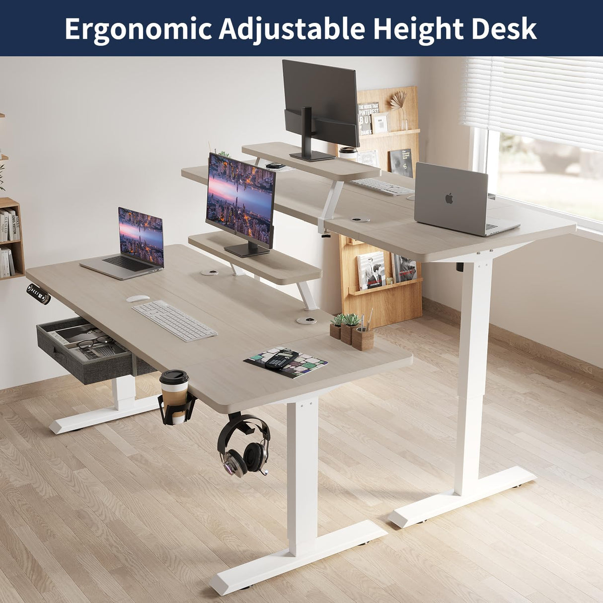 HEONAM Electric Standing Desk with Drawer, 63x30 Inches Height Adjustable Sit Stand Up Desk with Storage Shelf, Home Office Desk Computer Workstation with White Pearwood Top/White Frame HEONAM