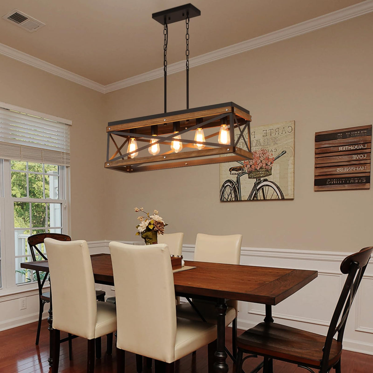 Rustic Farmhouse Wood Kitchen Island Lighting, 5 Lights Rectangular Pendant Light Fixture, Adjustable Chain Oak Wood and Metal Linear Chandelier for Dining Room Kitchen Island Farmhouse, Black RKUCSR