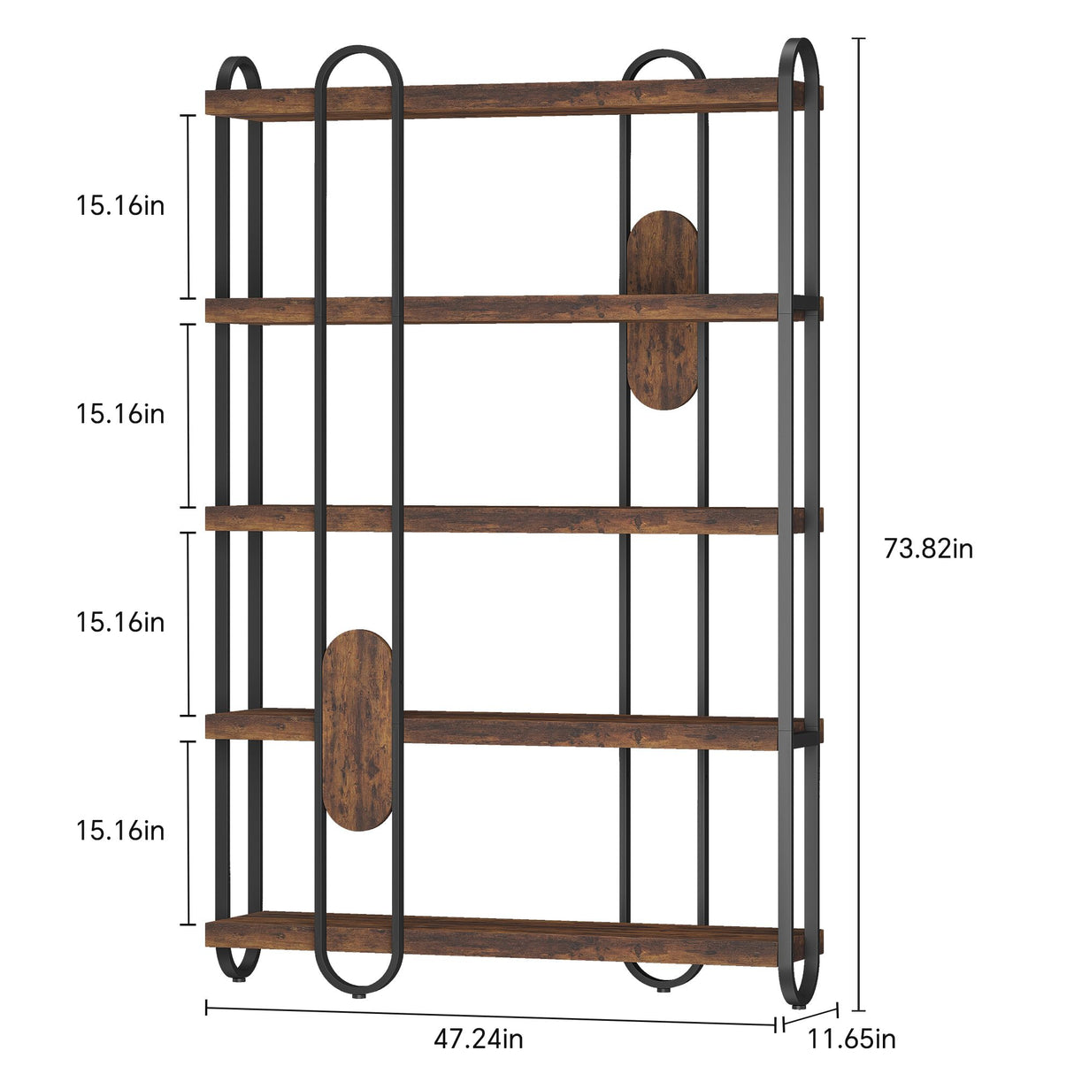 FUSUNBAO 5-Tier Wooden and Metal Frame Bookshelf,Vintage Industrial Modern Style Tall Bookcase,74 "H x 12 "W x 47" L,Rustic Large Wooden Shelf,Display Shelf for Home Office FUSUNBAO