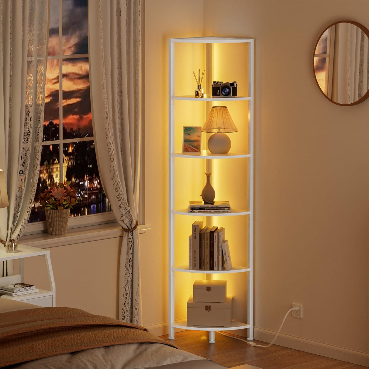 Furnulem 6 Tier Corner Shelf with LED Light, 67.5” Tall Standing Shelf Organizer, White Narrow Bookshelf with Storage Rack for Wall Corner, Living Room, Bedroom, Metal Frame, Wood Display Shelf Furnulem