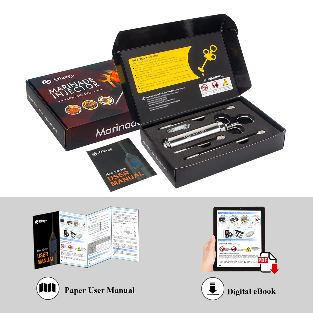 Ofargo Meat Injector, Meat Injectors for Smoking, 3 Marinade Injector Syringe Needles; Injector Marinades for Meats, Turkey, Beef; 2-Oz, User Manual Included Ofargo