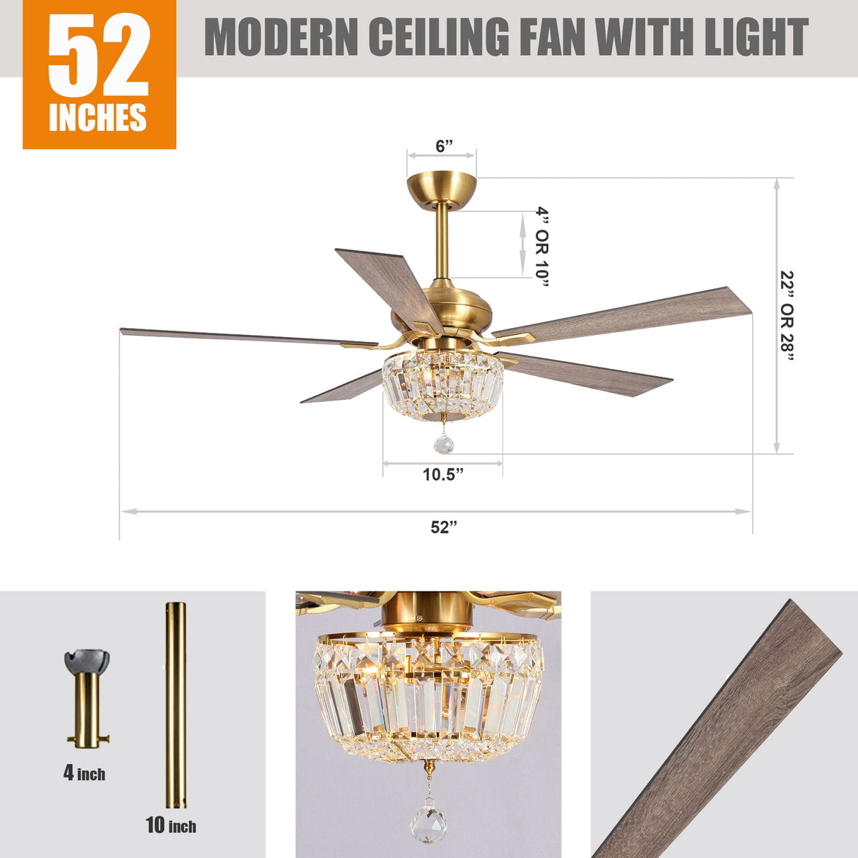 Gold Ceiling Fans with Lights and Remote, 52 Inch Ceiling Fan for Bedroom Living Room, Crystal Chandelier Outdoor Ceiling Fans with LED Light, Reversible 5 Blades, Ventilador de Techo con Luz Parrot Uncle
