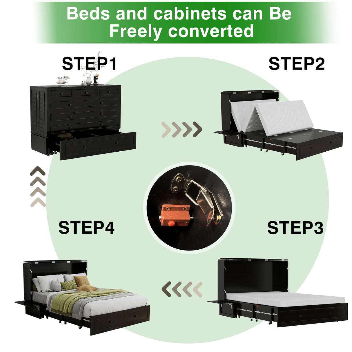 Keloyid Queen Murphy Bed Cabinet: Wood Murphy Cabinet Bed with USB Charging Station and Large Storage Drawer for Home Office or Small Room (Mattress No Included) Black-13 Keloyid