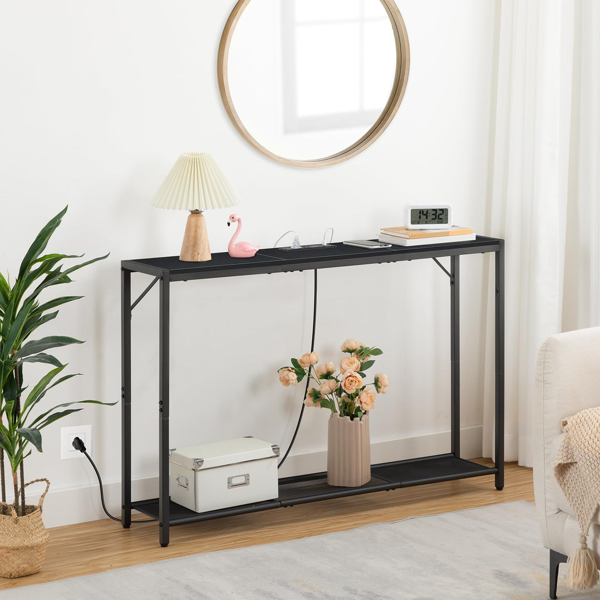 MAHANCRIS Sofa Table with Power Outlet, 43.7" Console Table with USB Ports, Behind Couch Table, Entryway Table for Living Room, Entryway, Foyer, Metal Frame, Adjustable Feet, Black CTHB11E01 MAHANCRIS