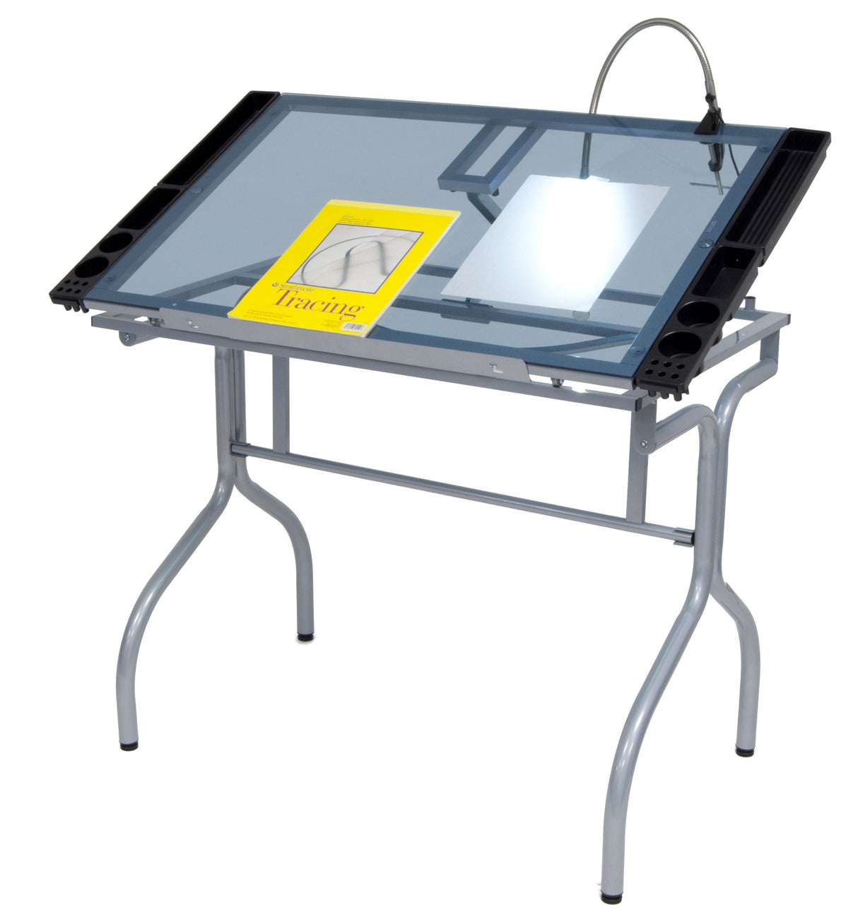 Studio Designs Folding Modern Glass Top Adjustable Drafting Table Craft Table Drawing Desk Hobby Table Writing Desk Studio Desk, 35.25" W x 23.75" D, Silver / Blue Glass SD STUDIO DESIGNS