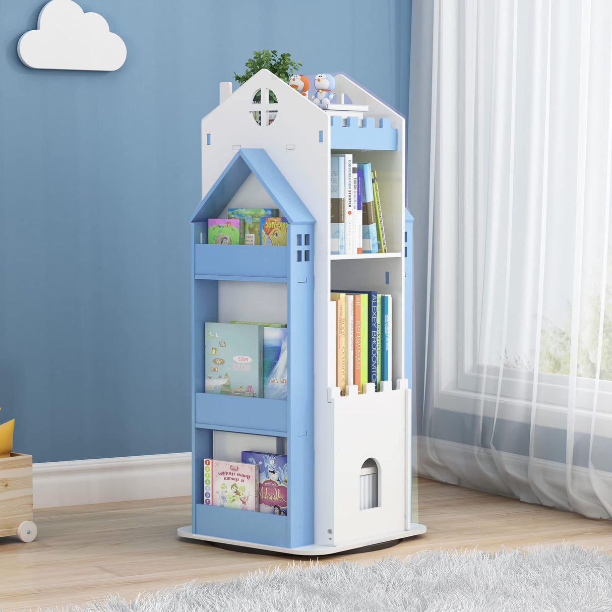 MYOYAY 360° Rotating Children's Bookshelf - 3 Tier Swivel Bookcase in Blue, Ideal for Kids' Bedroom Storage MYOYAY