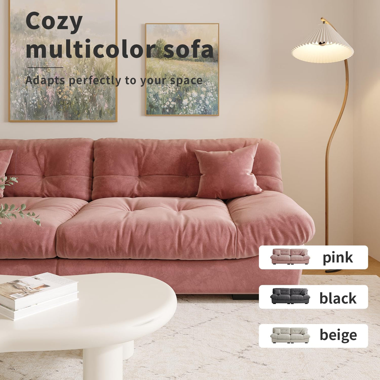 Cloud Modular Sectional Sofa,Scrub Velvet Minimalist Sofa Couch for Living Room, Curved Couch,Modern LoveSofa with 2 Pillows 3 Seater for Apartment Office Studio, Deep Seat Couches (Pink, 89inch) WJShome