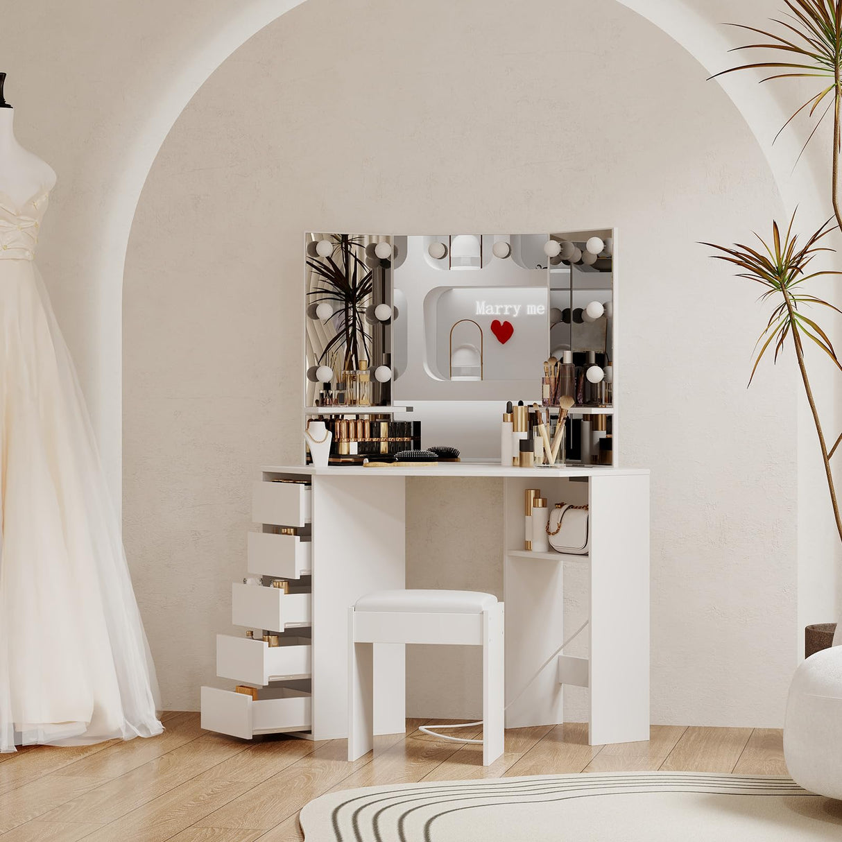 Corner Vanity Desk with Mirror and Led Lights - Makeup Table with 5 Drawers, Shelves, and Vanity Stool - Perfect for Bedroom or Bathroom, White MilleLoom