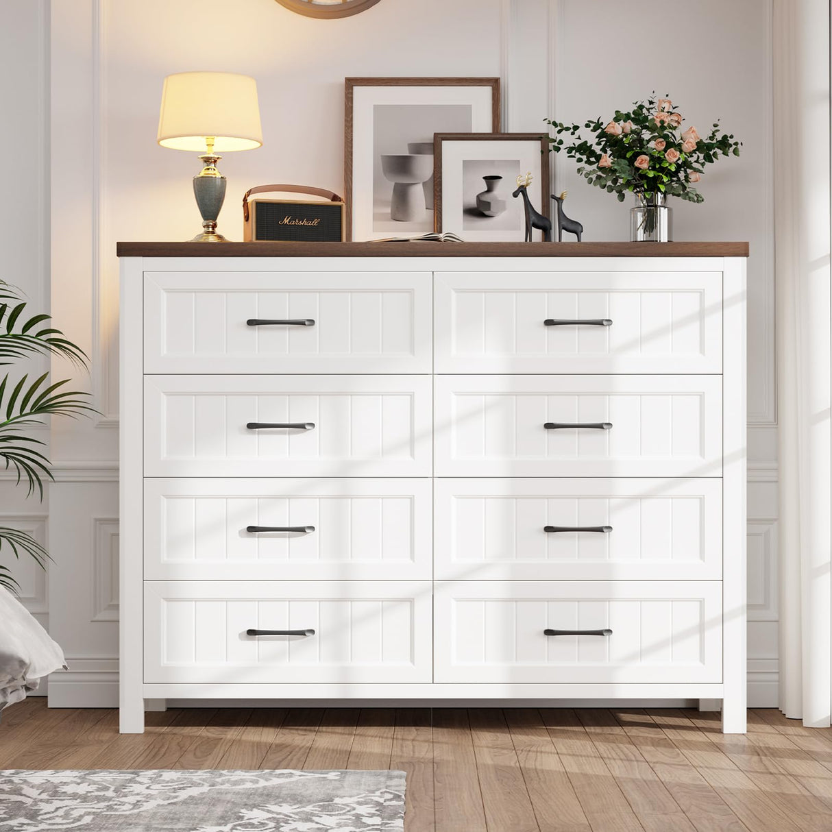 Jocoevol Farmhouse Dresser 8 Drawer Dresser for Bedroom, Large Wooden Dressers Double Grey Dresser with Deep Drawers Dressers for Hallway, Entryway (White and Brown) Jocoevol