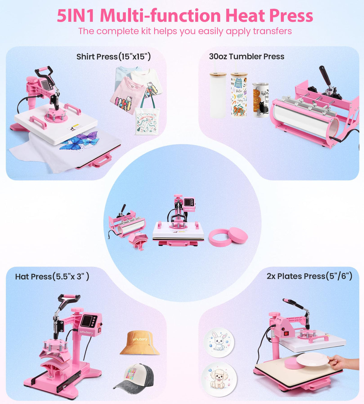 Whubefy 5 in 1 Heat Press Machine 15x15 Slide Out with 30OZ Tumbler Press, Swing Away Heat Press Machine for T Shirts Printing, 1400W Fast Heating Sublimation Shirt Press Machine for Hat Cap Mug Plate Whubefy