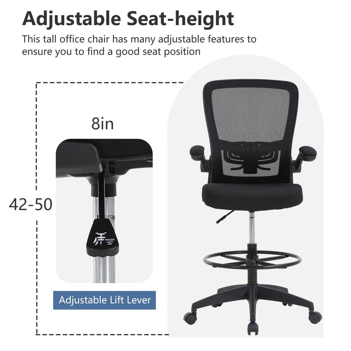 PayLessHere Ergonomic Drafting Chair Tall Office Chair High Adjustable Standing Desk Chair with Lumbar Support Mesh Back Footrest Flip-Up Arms for Office Computer Desk Standing Desk (Black) PayLessHere