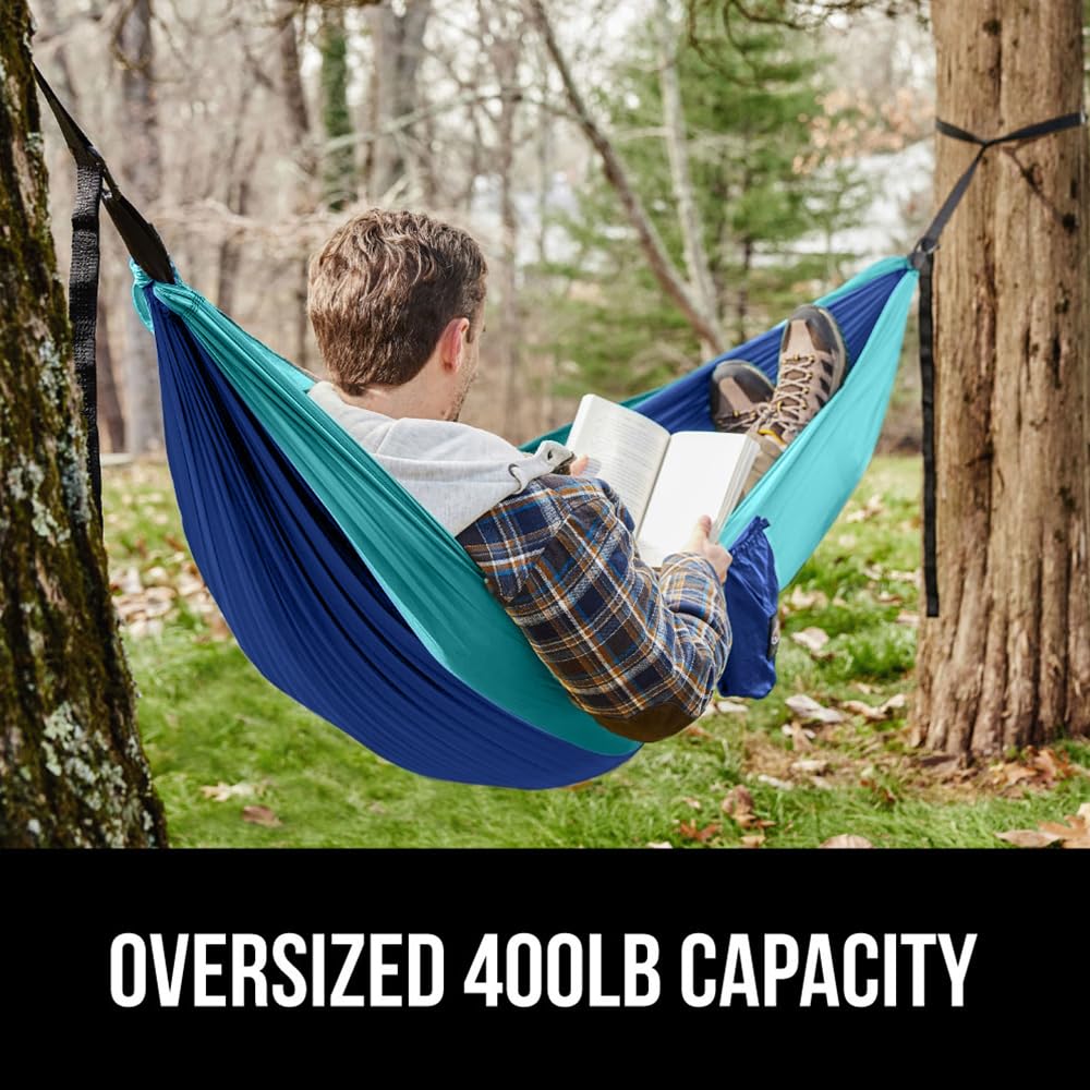 GORILLA GRIP Durable Portable Camping Hammock, Holds 400lbs with Heavy Duty Tree Straps, Comfortable Travel Swing, Camp Hammocks, Easy to Use and Install, Outdoor Essentials, Blue, 9x4.5 FT GORILLA GRIP