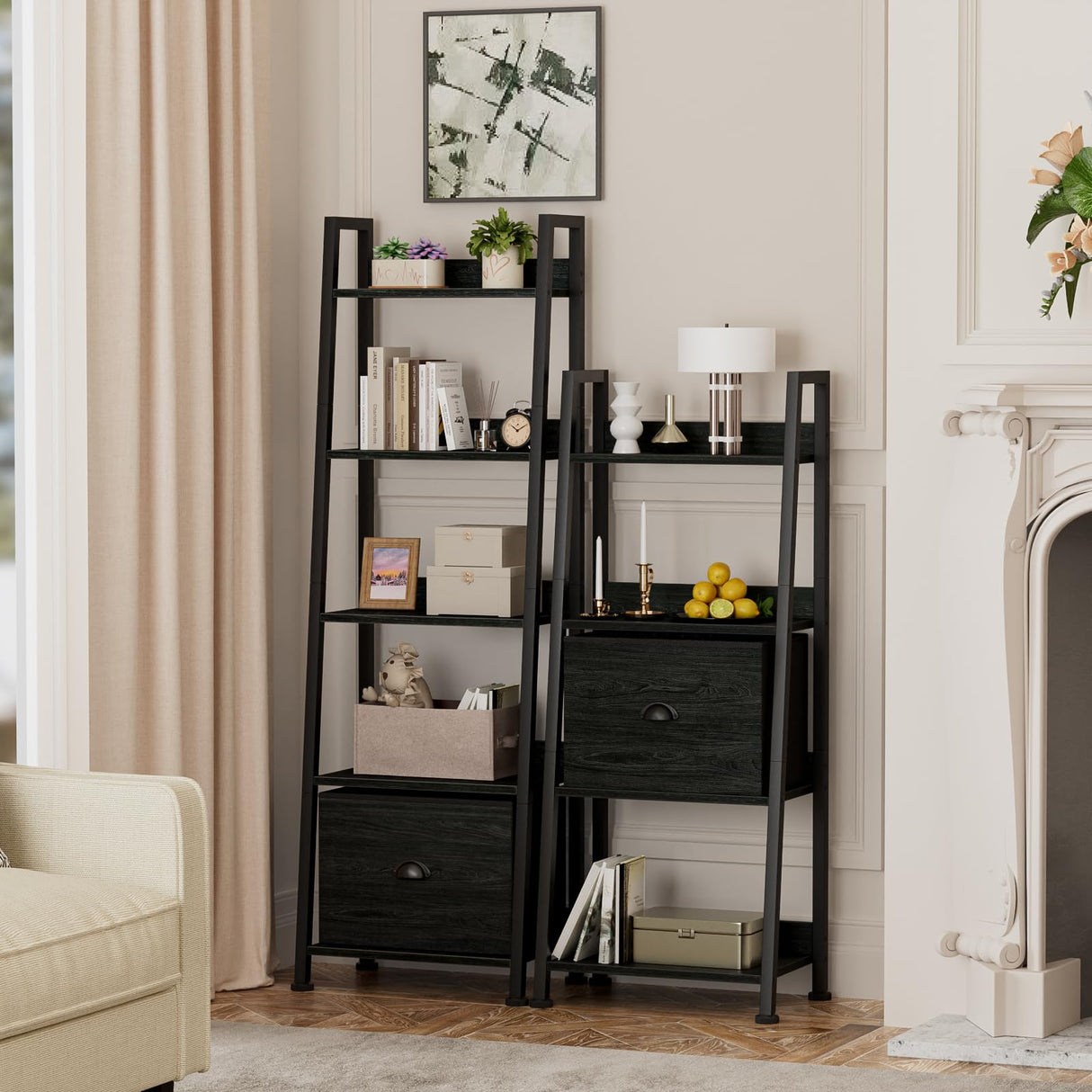 Furologee 4-Tier Ladder Shelf, Ladder Bookshelf with Removable Drawer, Bookcase Storage Rack Organizer, Freestanding Storage Shelves for Living Room, Home Office, Bedroom, Black Oak Furologee